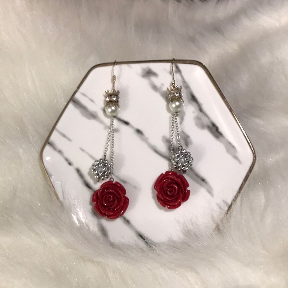 Red Rose and pearl bead drop earrings